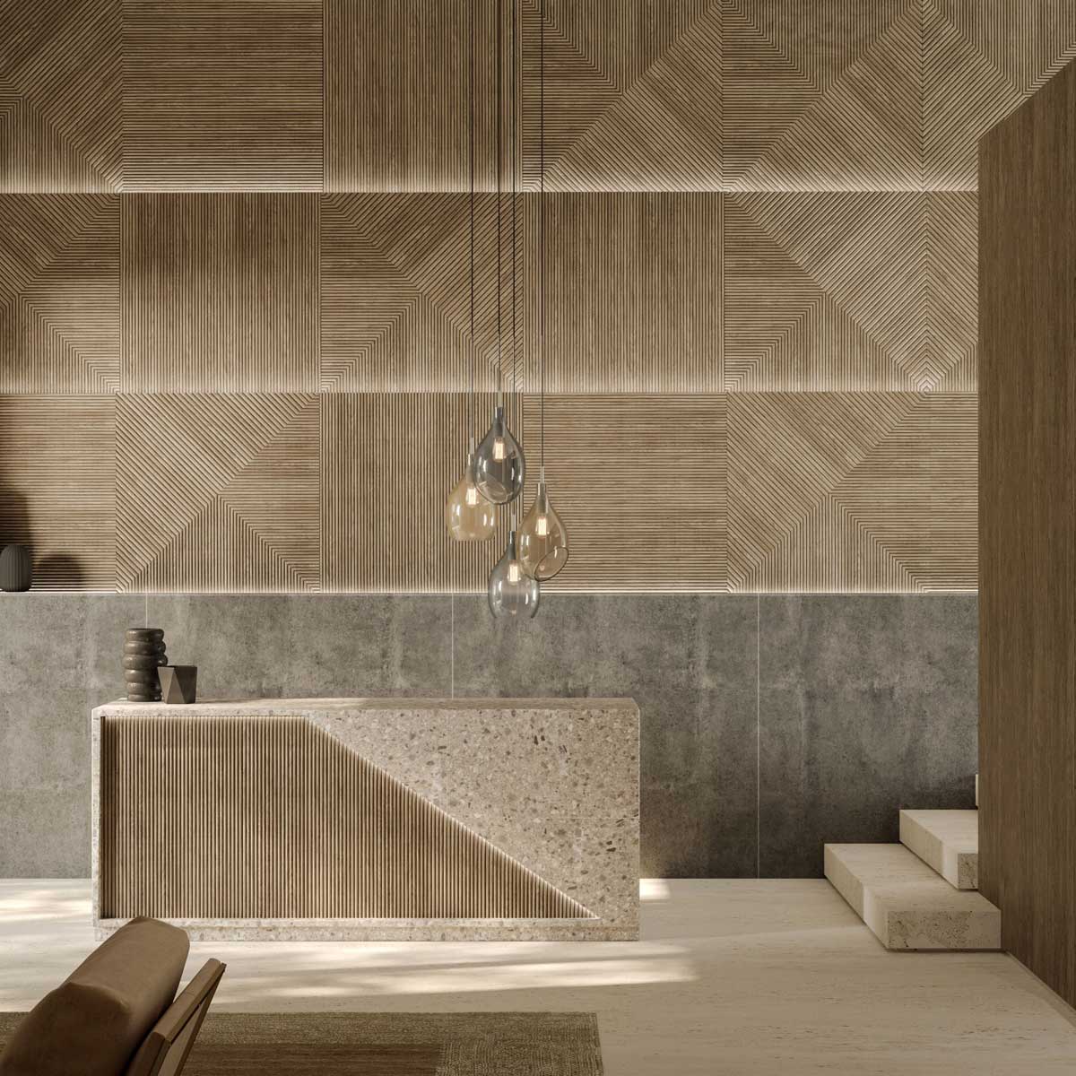 Inšpirácia 4design: recepcia s geometricky frézovanými panelmi na stene a obklade pultu